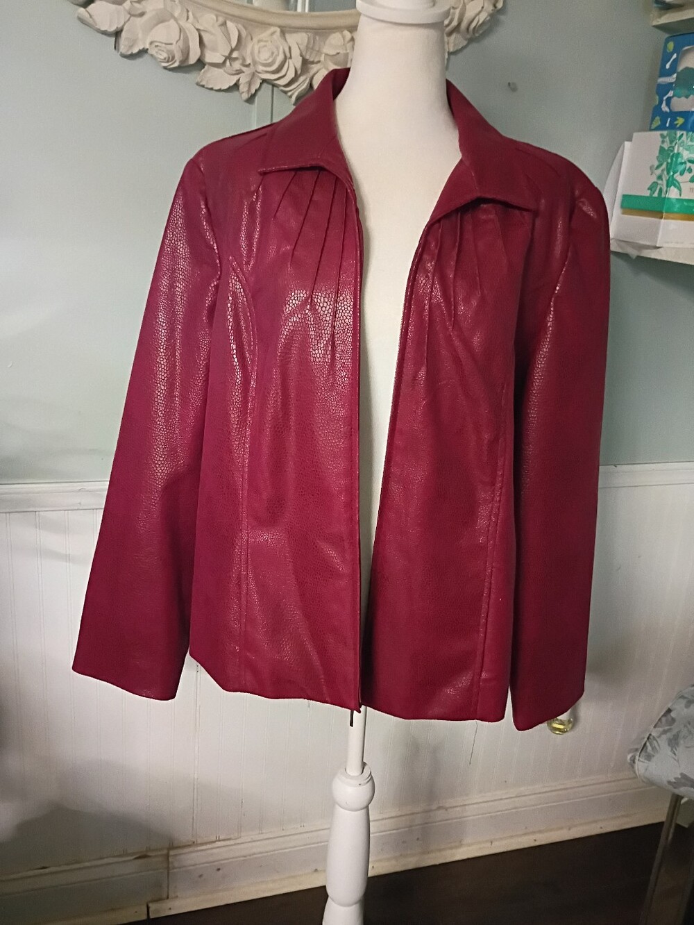 Kim Rogers Deep Berry Faux Leather Open-Front Jacket